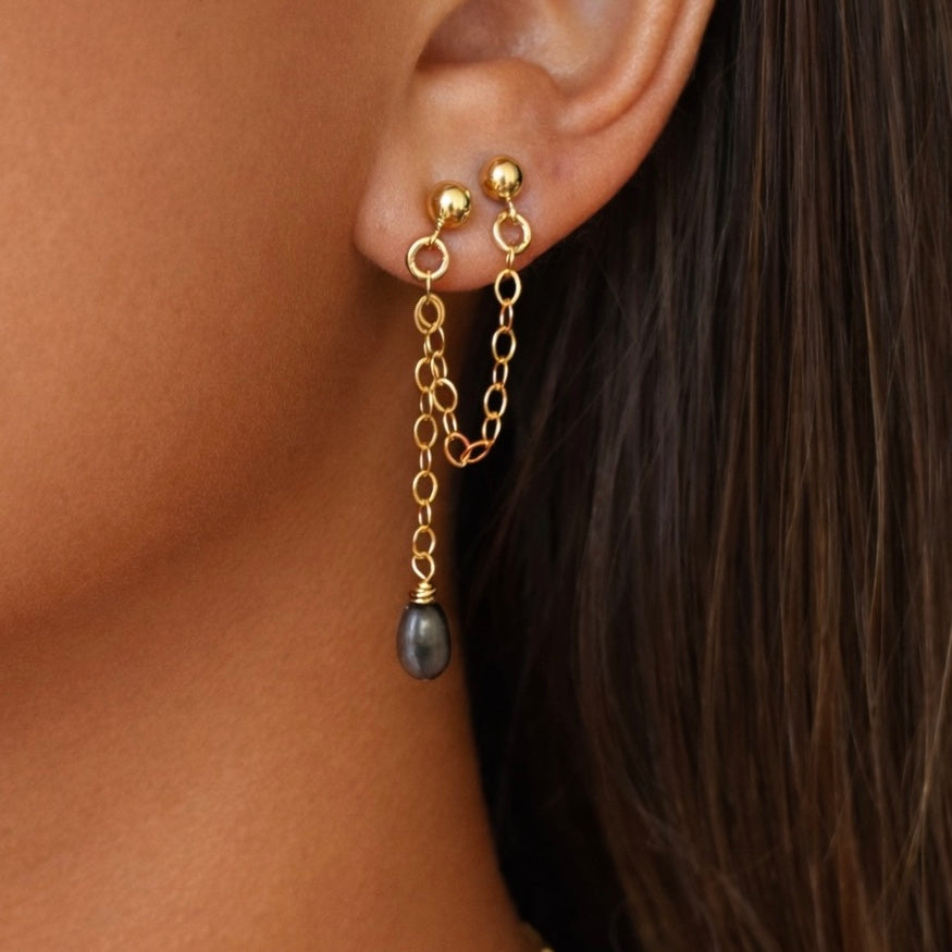 DARK KESHI DROP CHAIN EARRINGS