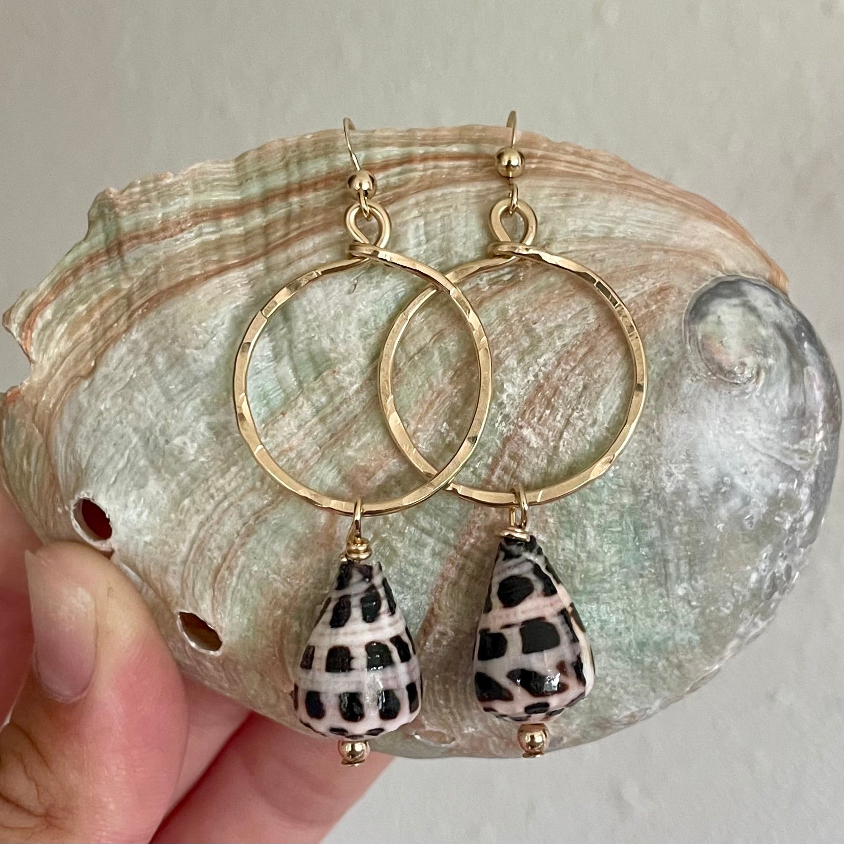 HEBREW CONE SHELL HOOP EARRINGS