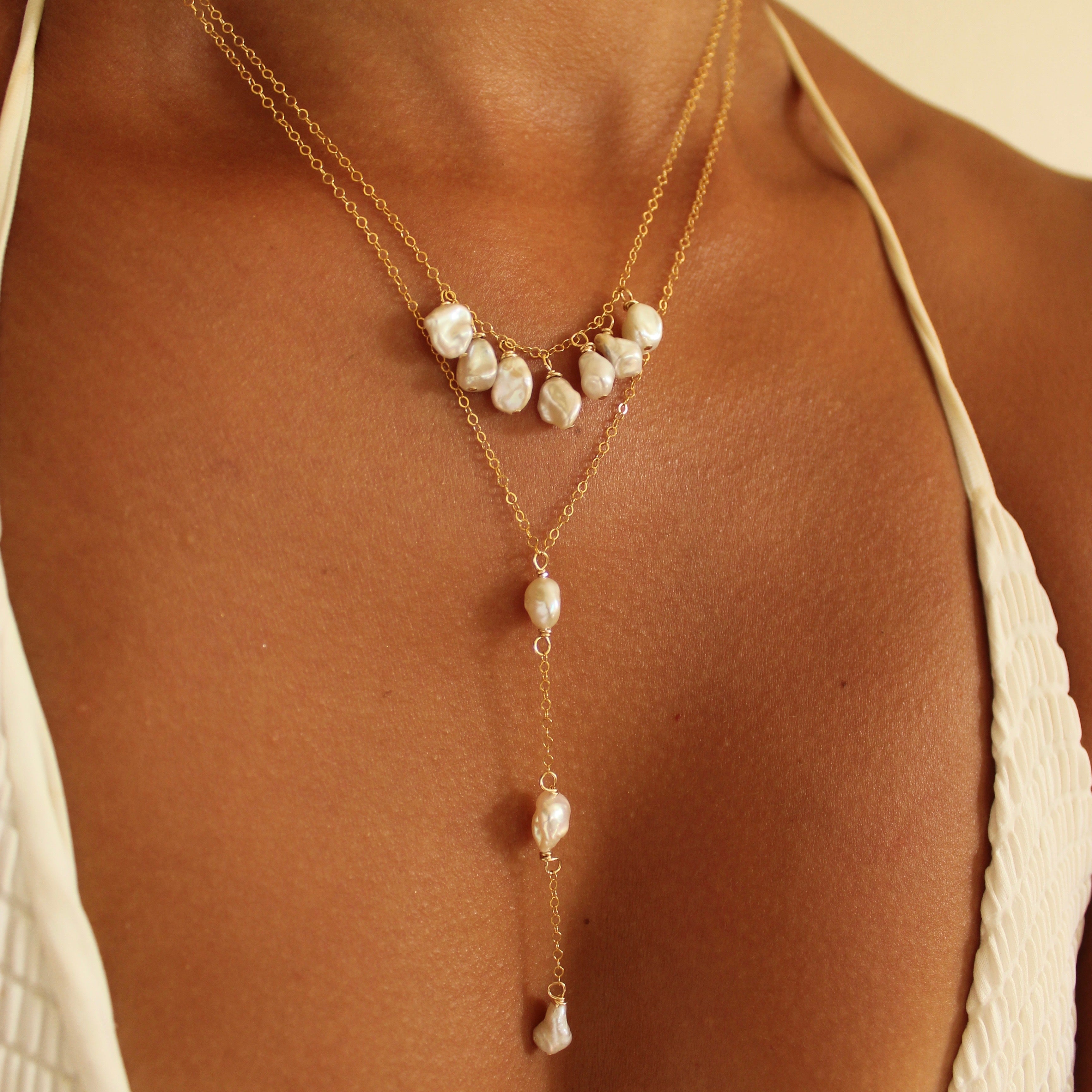 WHITE KESHI PEARL LARIAT NECKLACE